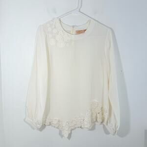Rungolee Silk Ivory Cream Floral Appliqué Women's Top Blouse Small